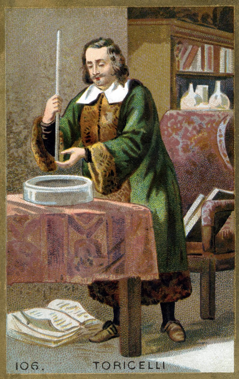 Portræt af Evangelista Torricelli eller Toricelli (1608 - 1647), italiensk fysiker med sin opfindelse Barometeret (kviksølvrør). Kromolitografi af det 19. århundrede. af Unknown artist