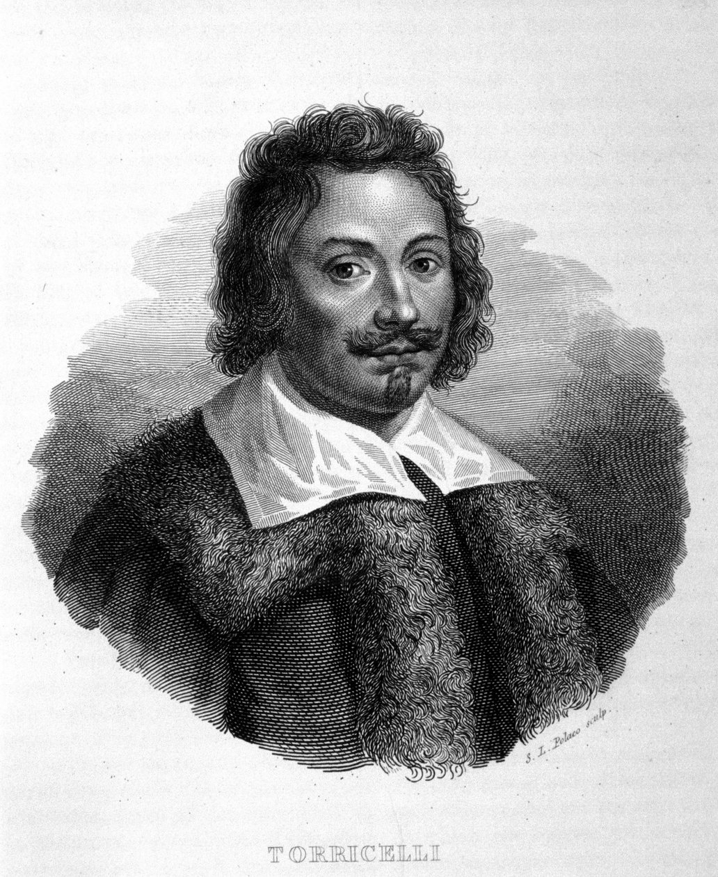 Portræt af Evangelista Torricelli eller Toricelli (1608 - 1647), italiensk fysiker. Italiensk stik fra det 19. århundrede af Unknown artist