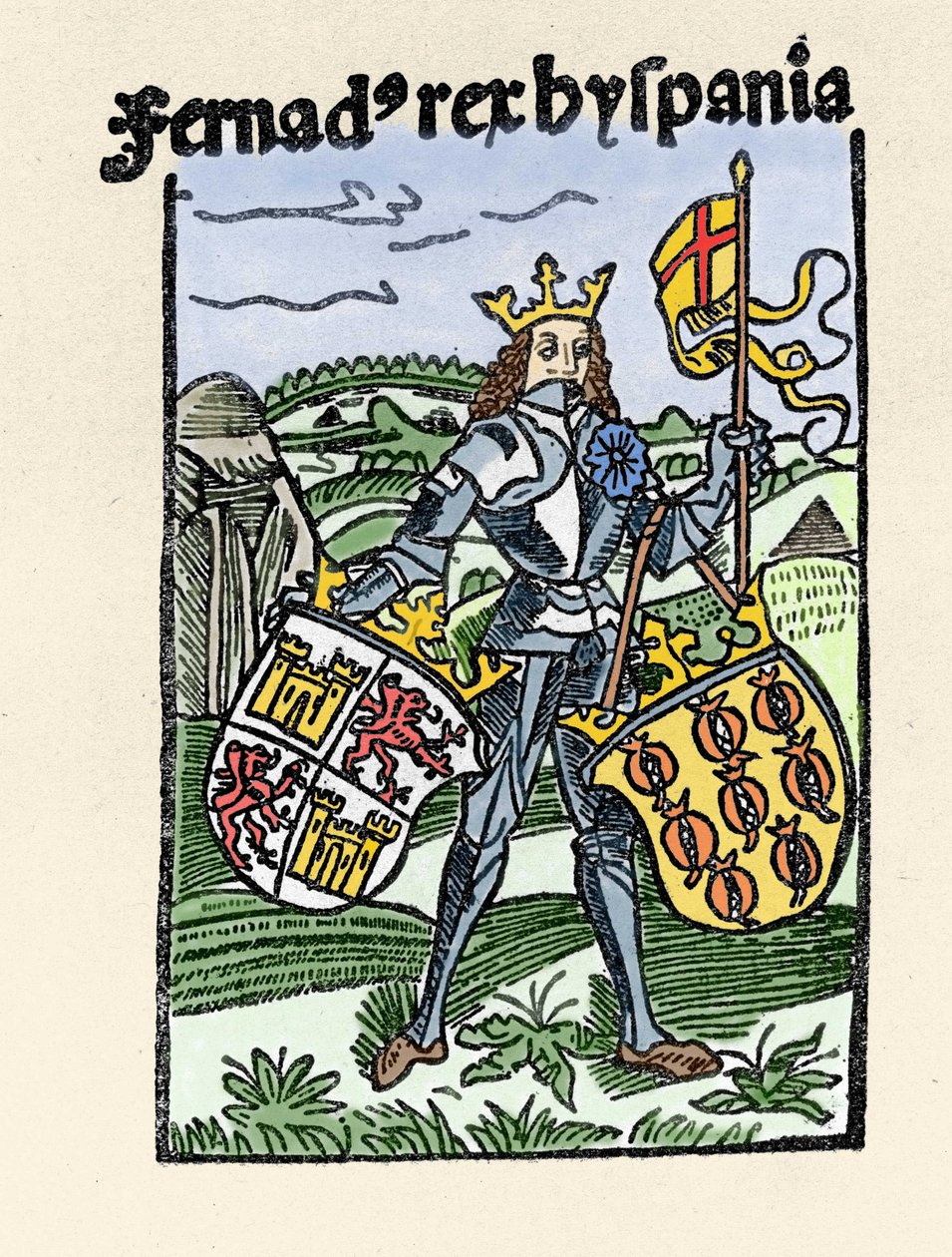 Portræt af Ferdinand I af Aragon den retfærdige (1380-1416) konge af Spanien. Indgravering fra “” De insulis in mare Indico super inventis””, Bale 1493-1494 (latinsk oversættelse af Columbus