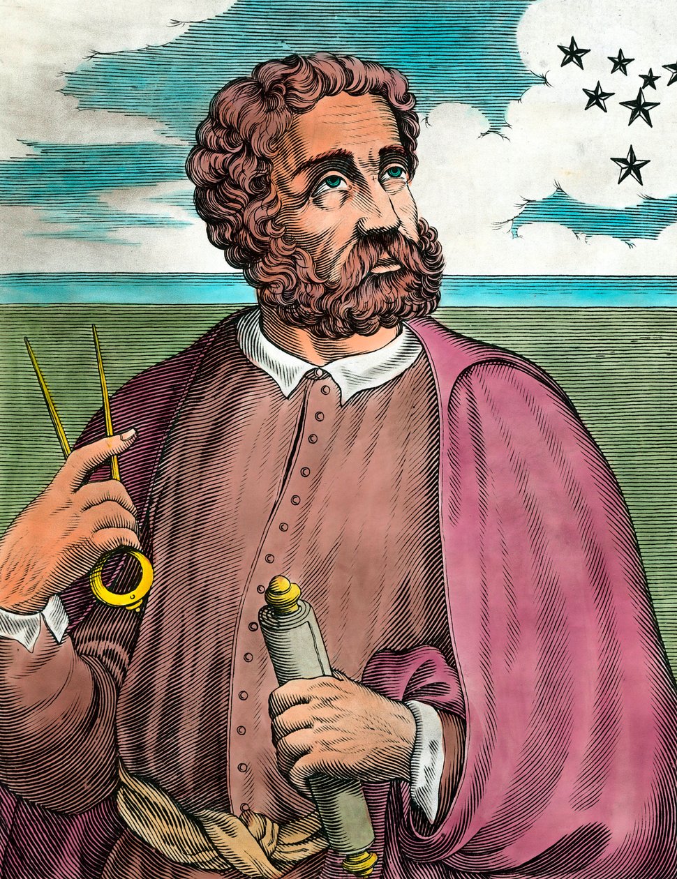 Portræt af Fernand de Magellan (1480-1521), portugisisk navigatør - Gravering af det 16. århundrede - Privat samling - Portræt af Ferdinand Magellan (1480-1521) Portugisisk opdagelsesrejsende - Gravering 1500-tallet - Privat samling af Unknown artist