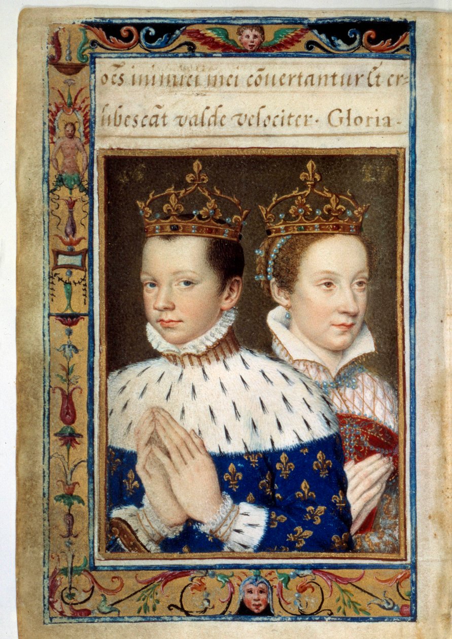 Portræt af Francois II (1544-1560) og Marie Stuart (1542-1587) Konge og Dronning af Frankrig Manuskriptside af "Timernes Bog af Catherine de Medicis" (Caterina de Medici) 1500-tallets Paris, B.N. af Unknown artist