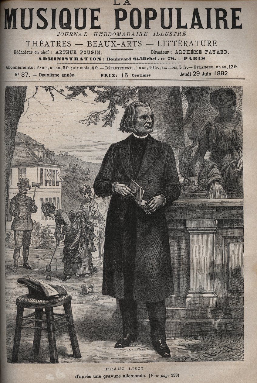 Portræt af Franz Liszt (1811-1886), ungarsk komponist, pianist og dirigent (Franz Liszt, ungarsk komponist, pianist og dirigent) gravering i "" Popular Music """ berømte ugeavis - 1882 af Unknown artist