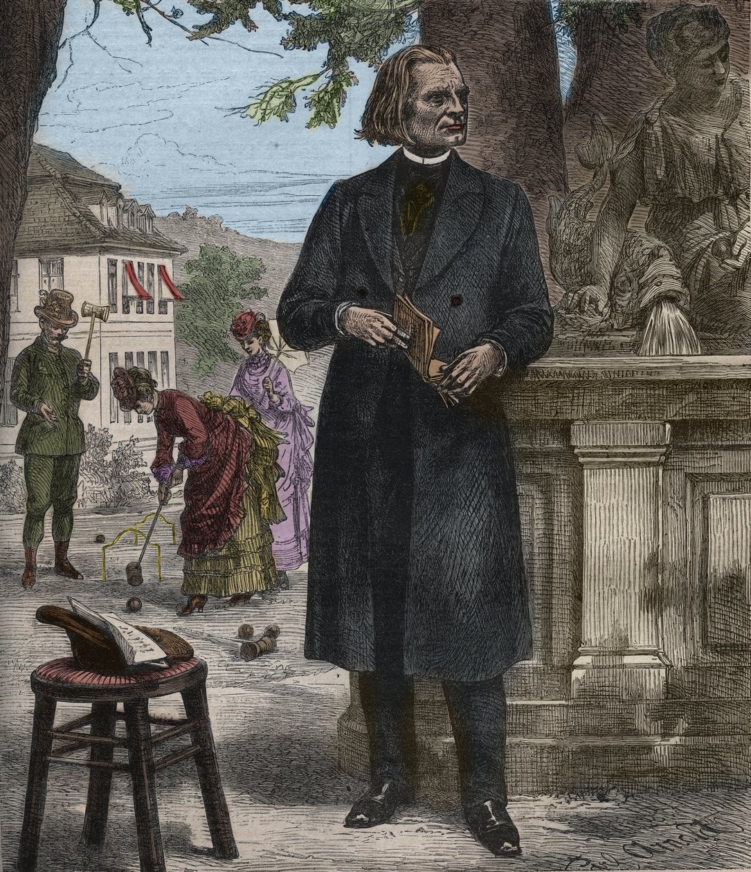 Portræt af Franz Liszt (1811-1886), ungarsk komponist, pianist og dirigent (Franz Liszt, ungarsk komponist, pianist og dirigent) gravering i "" Popular Music """ berømte ugeavis - 1882 af Unknown artist