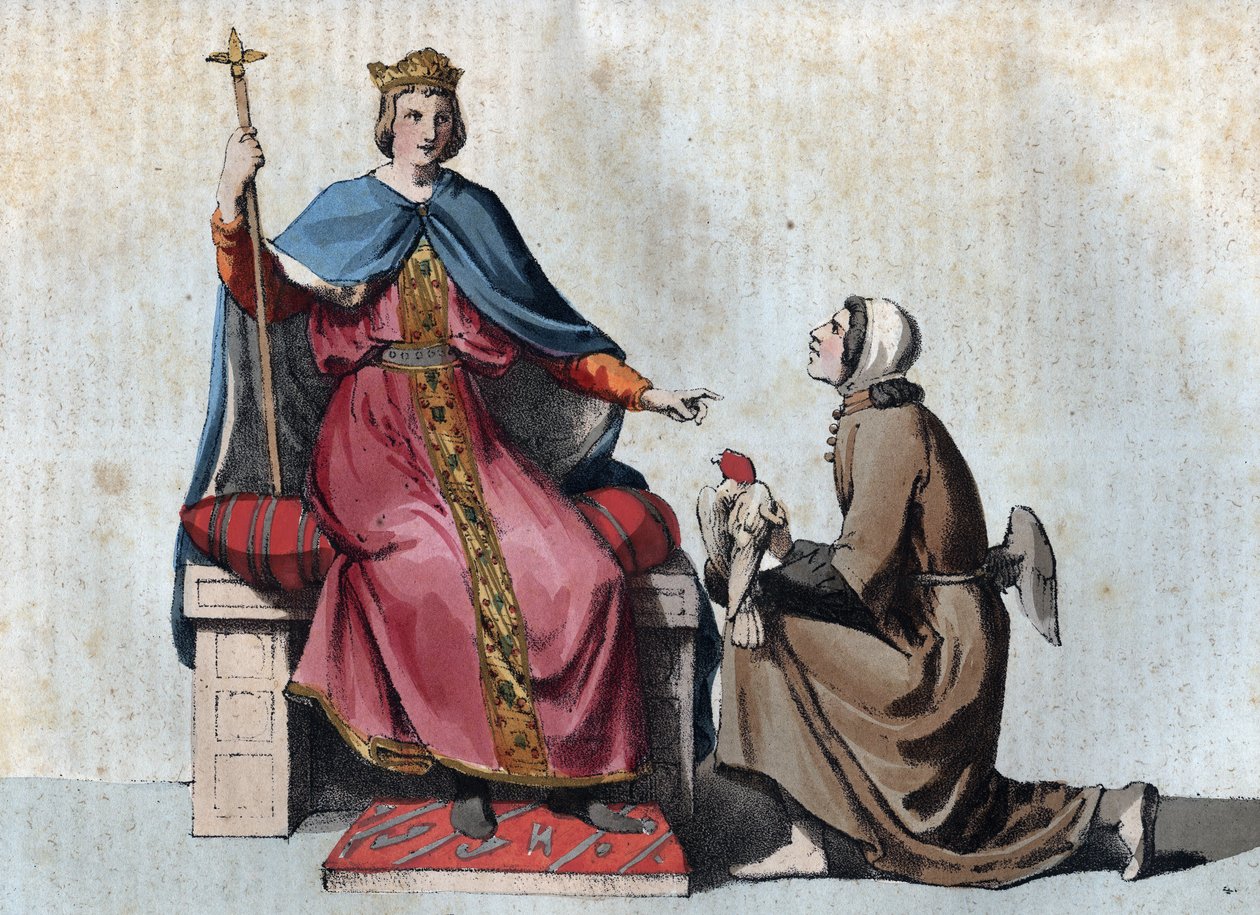Portræt af Frederik II af Hohenstaufen Hellige Romerske Kejser med sin falkoner - Portræt af Frederik II af Hohenstaufen (1194-1250), konge af Det Hellige Romerske Rige med sin falkoner - gravering fra "" Usi e Costumi di Tutti i i Popoli dell