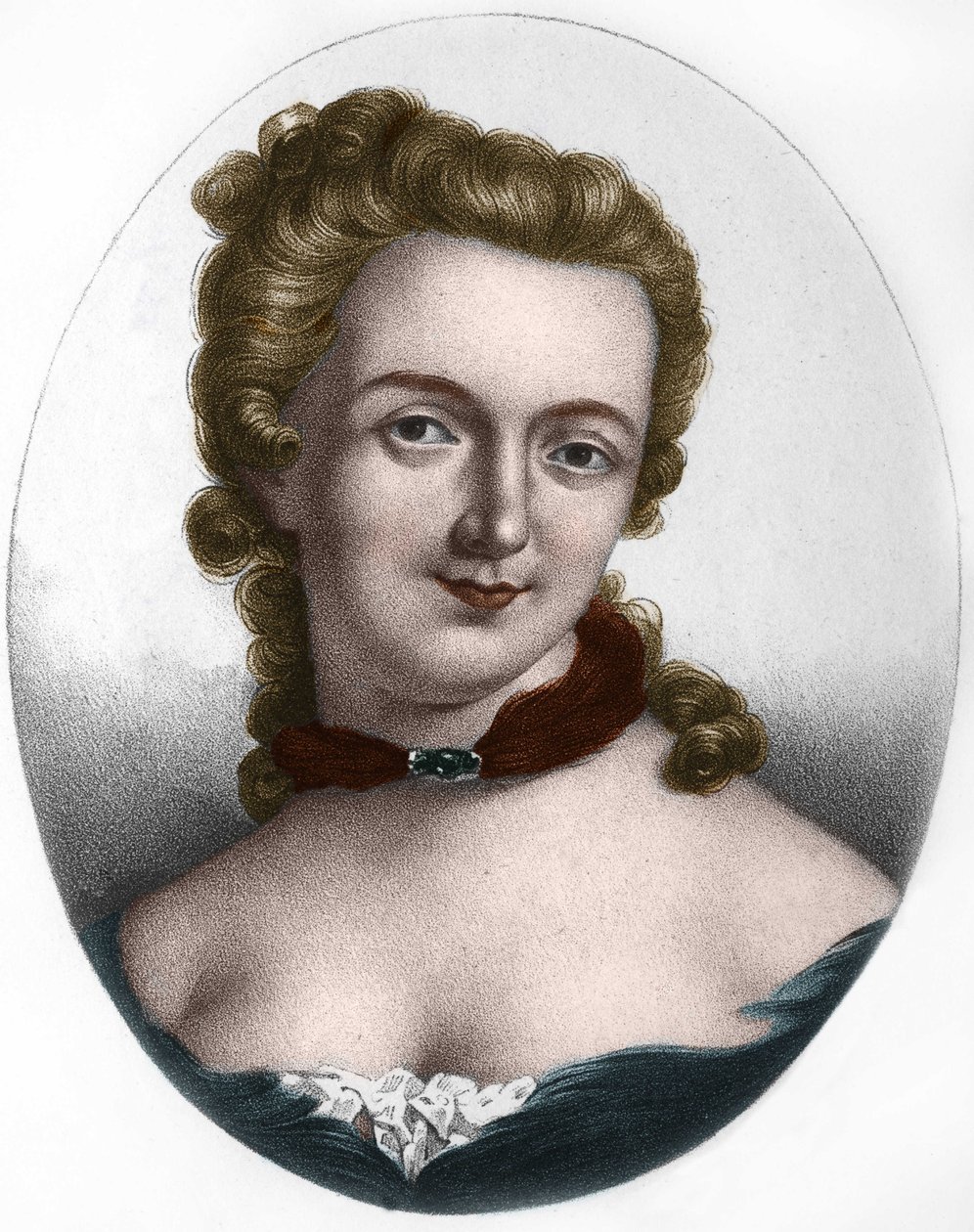 Portræt af Gabrielle Emilie de Breteuil, Marquise (Madame) du Chatelet (1706-1749) Marquise Le Tonnelier de Breteuil, fransk kvinde med bogstaver. af Unknown artist