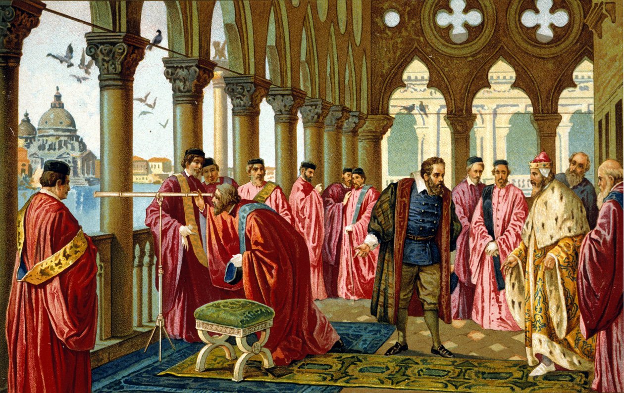 Portræt af Galileo Galilei dit Galileo (1564 - 1642) viser den lange udsigt til dogen i hans hertugpalads i Venedig. af Unknown artist
