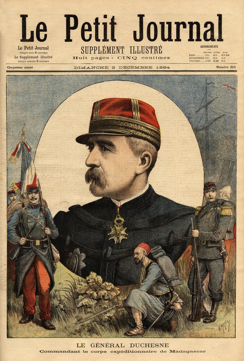 Portræt af general Jacques Charles Duchesne (1837-1918), chef for de væbnede styrker sendt til Madagaskar i 1894, tog han Tananarive. Indgravering i "" Le petit journal"" 3/12/1894. Selvas samling. af Unknown artist