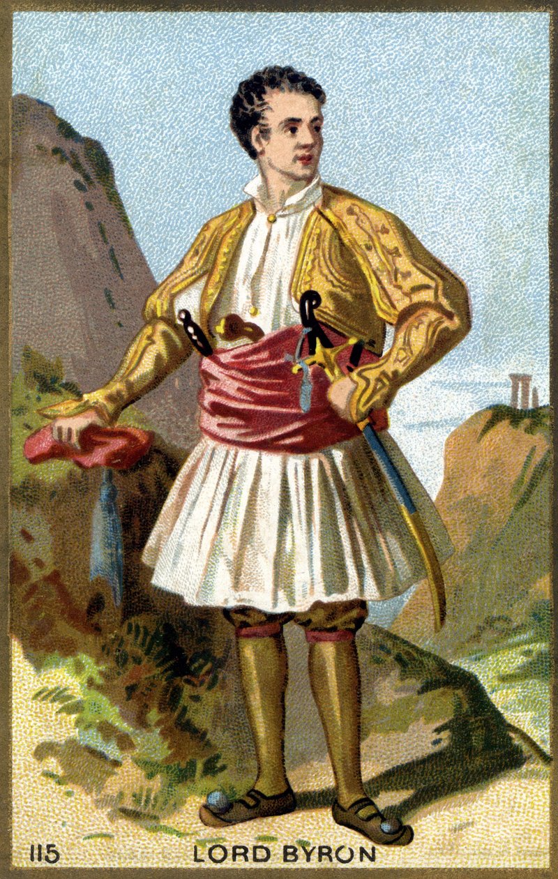 Portræt af George Gordon Noel, 6. Baron Byron, Lord Byron (1788 - 1824) klædt på græsk. Kromolitografi af det 19. århundrede. af Unknown artist