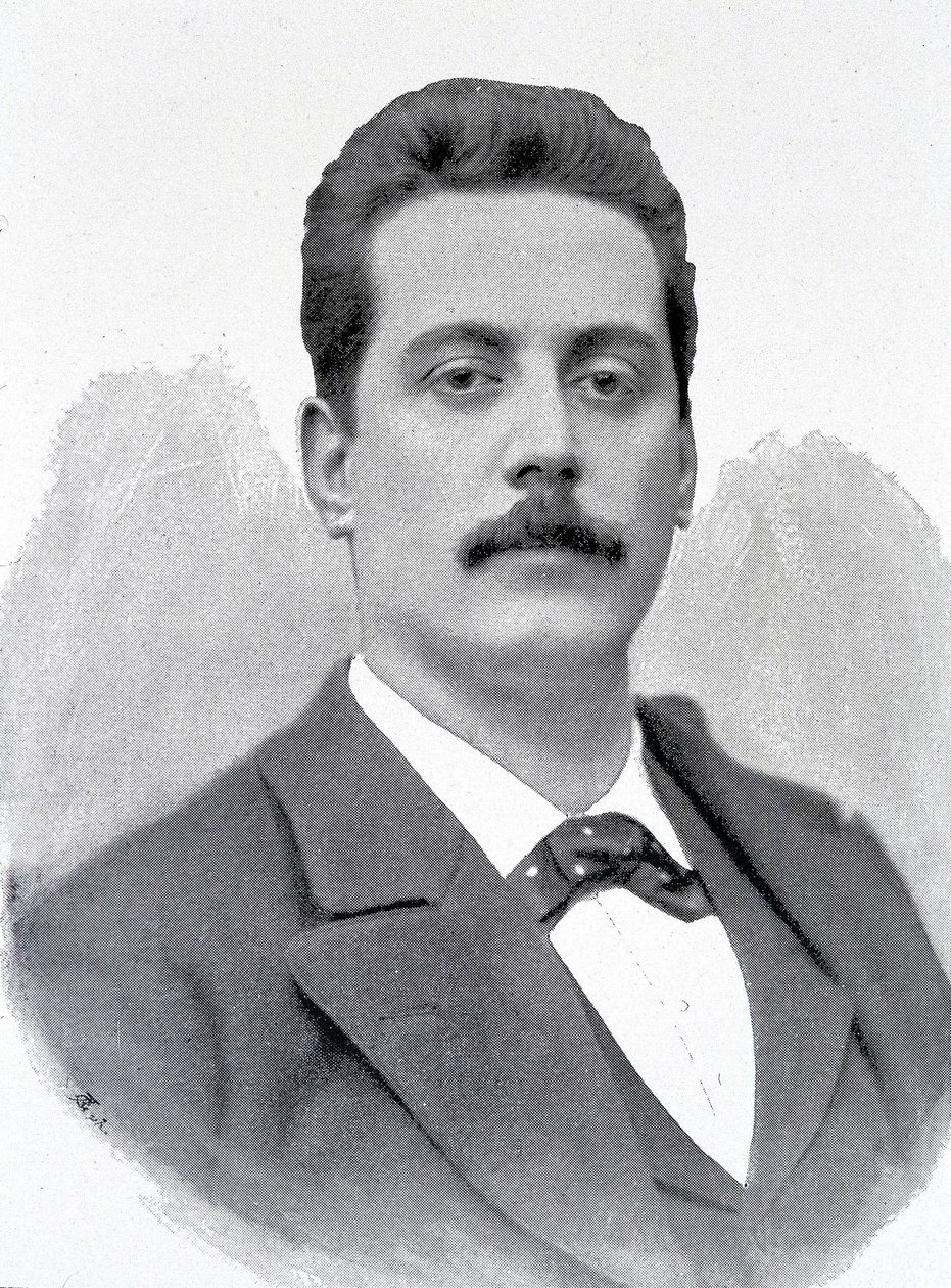Portræt af Giacomo Puccini, italiensk komponist (1858-1924), gravering 1800-tallet. af Unknown artist