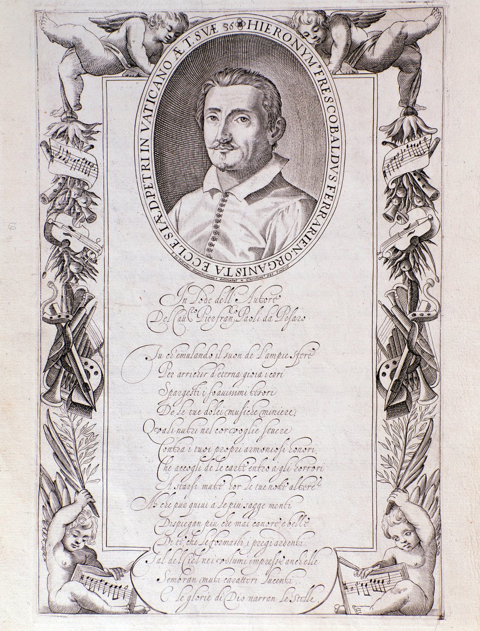 Portræt af Girolamo Frescobaldi (1583-1643) Italiensk komponistgravering fra frontispiece af "" Tocate "" score. 1637. Bologna, Civic Museum Museum af Unknown artist
