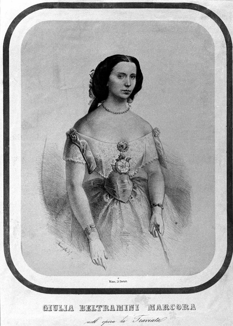 Portræt af Giulia Beltramini Marcora i "La traviata"" af Giuseppe Verdi. Litografi fra slutningen af 1800-tallet. af Unknown artist