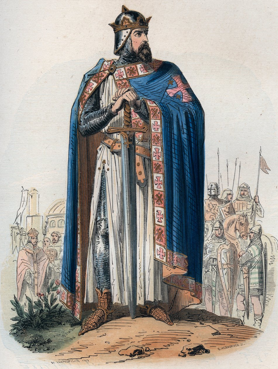 Portræt af Godefroy (Godefroi) de Bouillon (1061-1100) i korsdragt. Indgravering fra 1868 i "Histoire de Belgique fra primitiv tid til slutningen af Leopold I