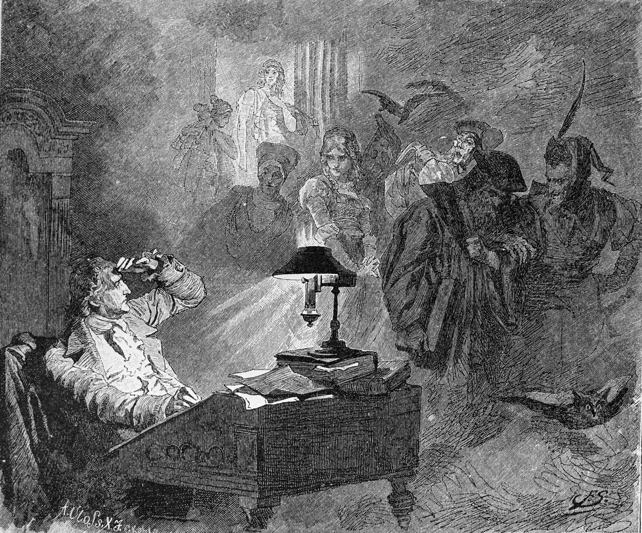 Portræt af Goethe omgivet af Faust-karakterer Gravering af Unknown artist