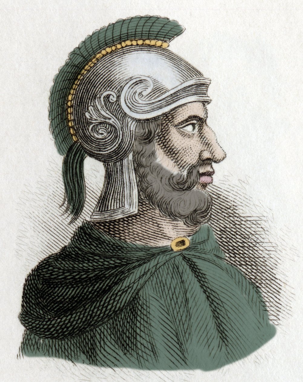 Portræt af Hamilcar Barca (eller Barcas) (ca. 275-228 f.Kr.), statsmand og karthaginsk general, grundlægger af Barcides-dynastiet og far til Hannibal. Indgravering af det 19. århundrede. af Unknown artist