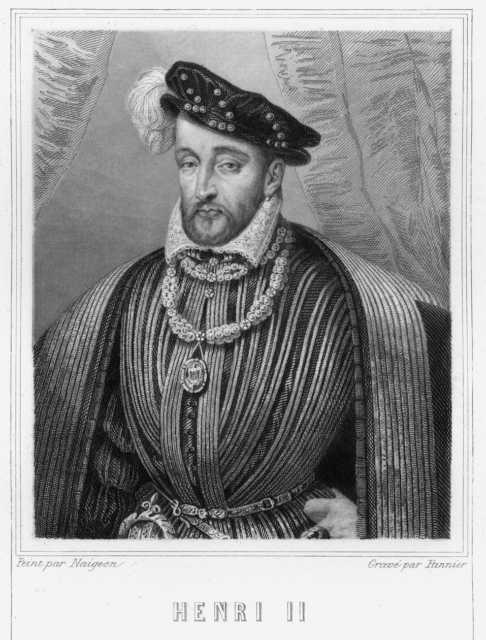 Portræt af Henrik II (1519 - 1559), konge af Frankrig - i "Histoire des Français"" af Lavallée, gravering, sd. af Unknown artist
