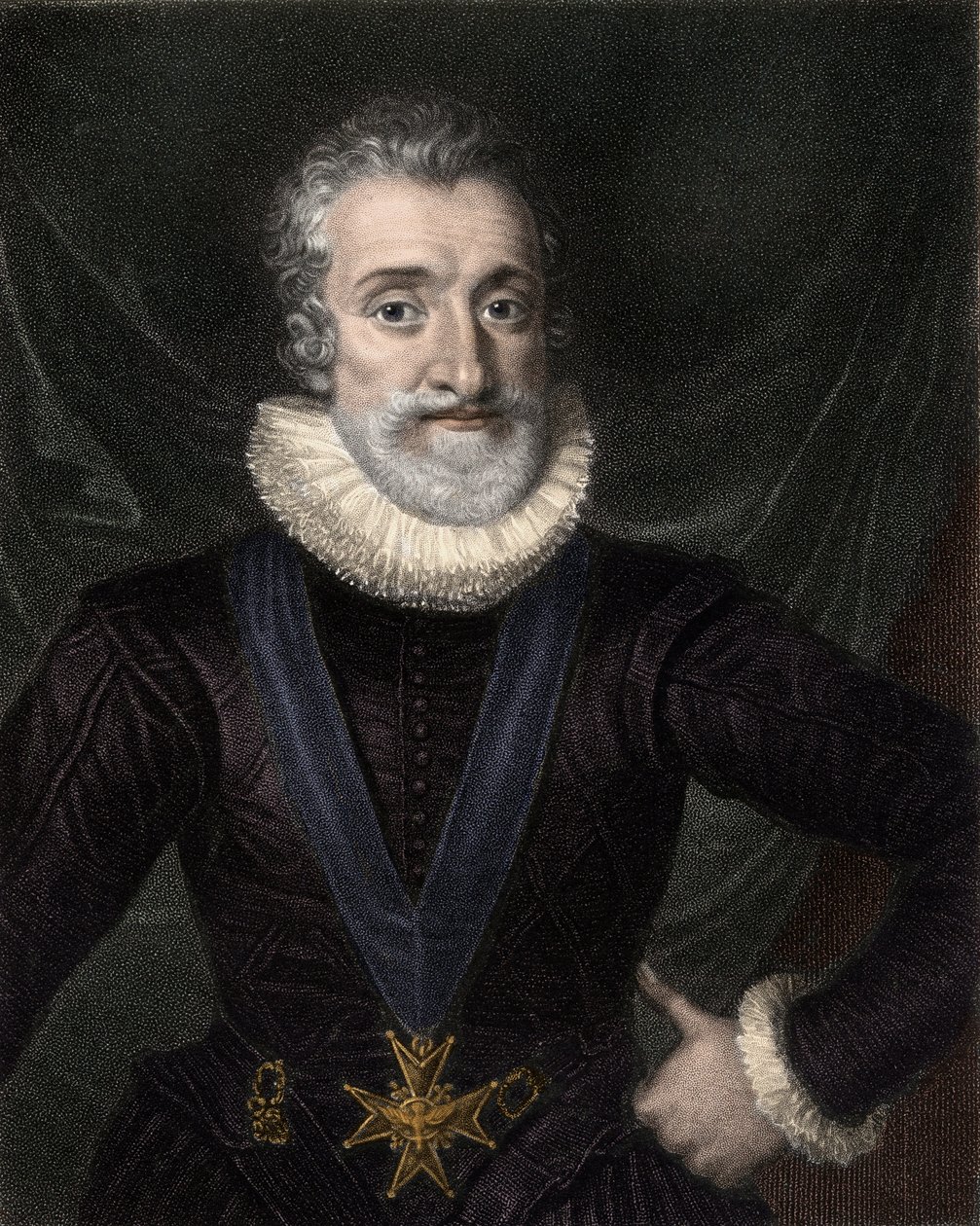 Portræt af Henrik IV (1553-1610) Konge af Frankrig, med halskæde af Helligåndsordenens insignier (Helligåndsordenen) - Henrik IV (Henry af Navarra eller Bourbon) (1553-1610), med Helligåndsordenens insignier - gravering af Unknown artist