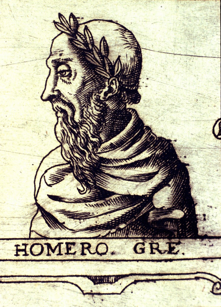Portræt af Homer (9. århundrede f.Kr.). Gravering af 1560 fra Atlas of Urbano Monte af Unknown artist