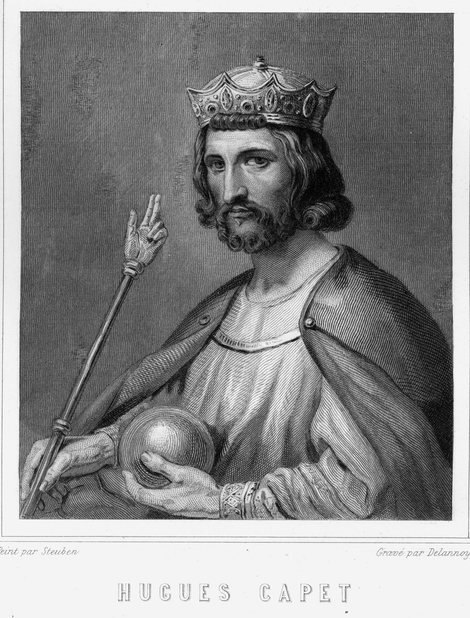 Portræt af Hugues I Capet (v. 941 - 996), hertug af Frankrig og derefter konge af Frankrig - i "Histoire des Français"" af Lavallée, stik, sd. af Unknown artist