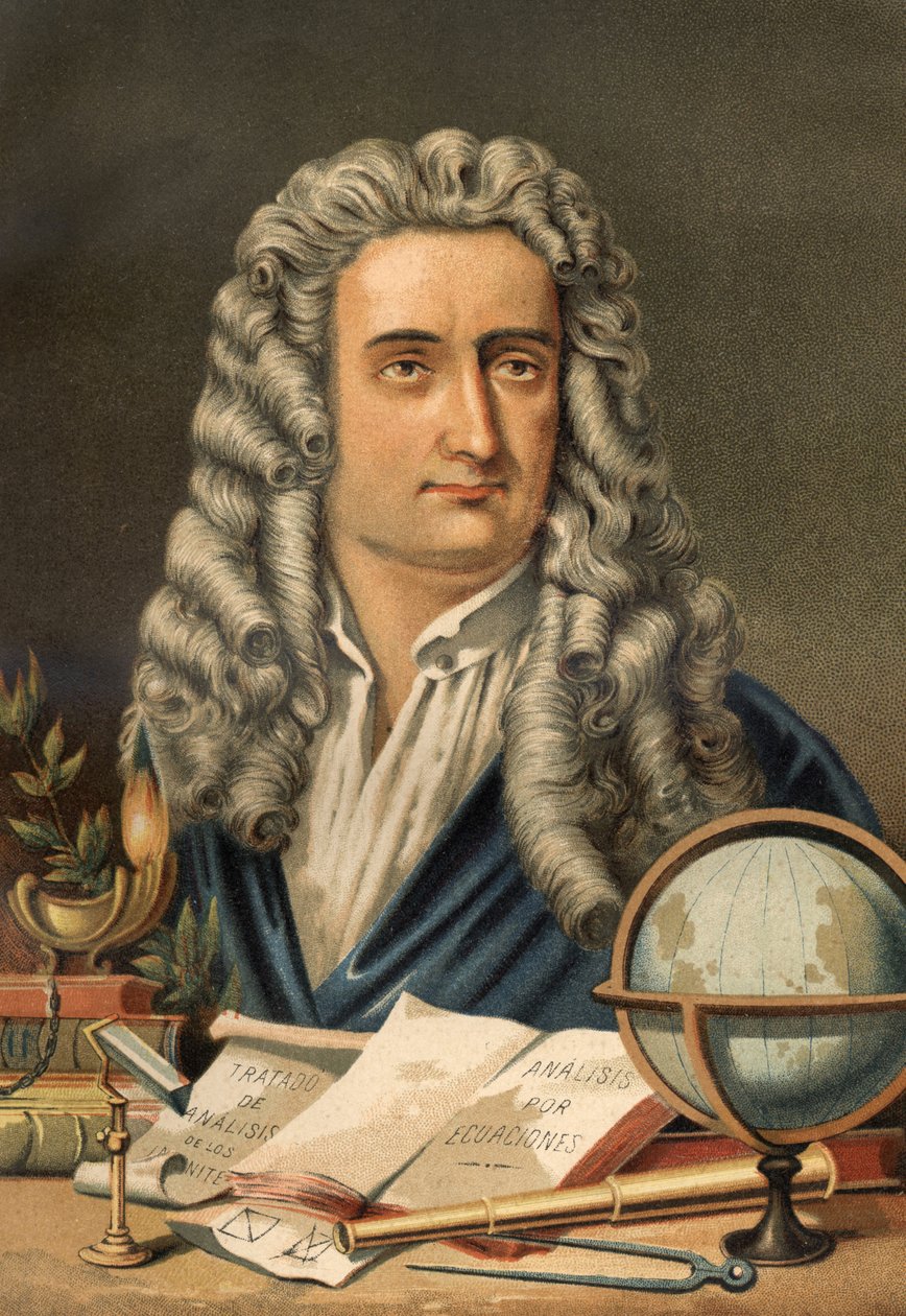 Portræt af Isaac Newton (1642-1727), engelsk matematiker, fysiker og astronom. fra "Science and its Men" af Louis Figuier. Barcelona 1881 af Unknown artist
