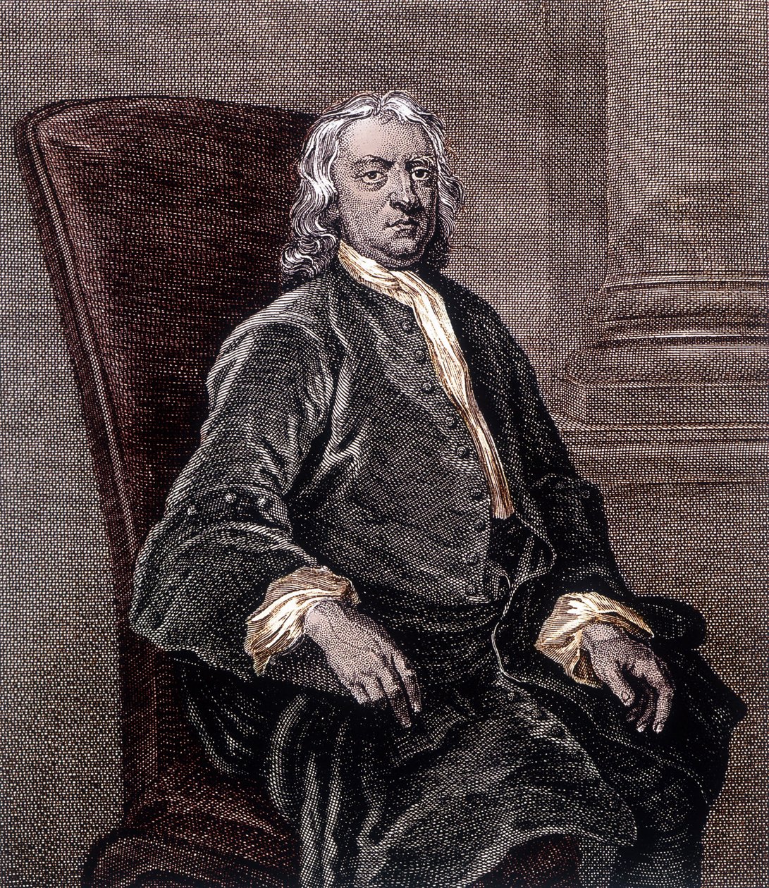 Portræt af Isaac Newton siddende i en lænestol - gravering af Unknown artist