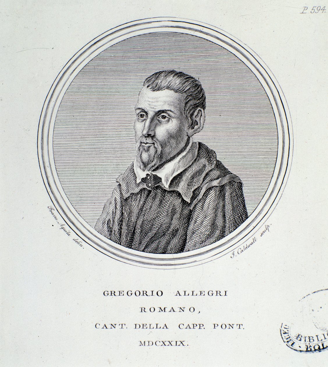 Portræt af den italienske komponist Gregorio Allegri (1582-1652) Indgravering. 1629. Bologna, borgerligt bibliografisk museum af Unknown artist