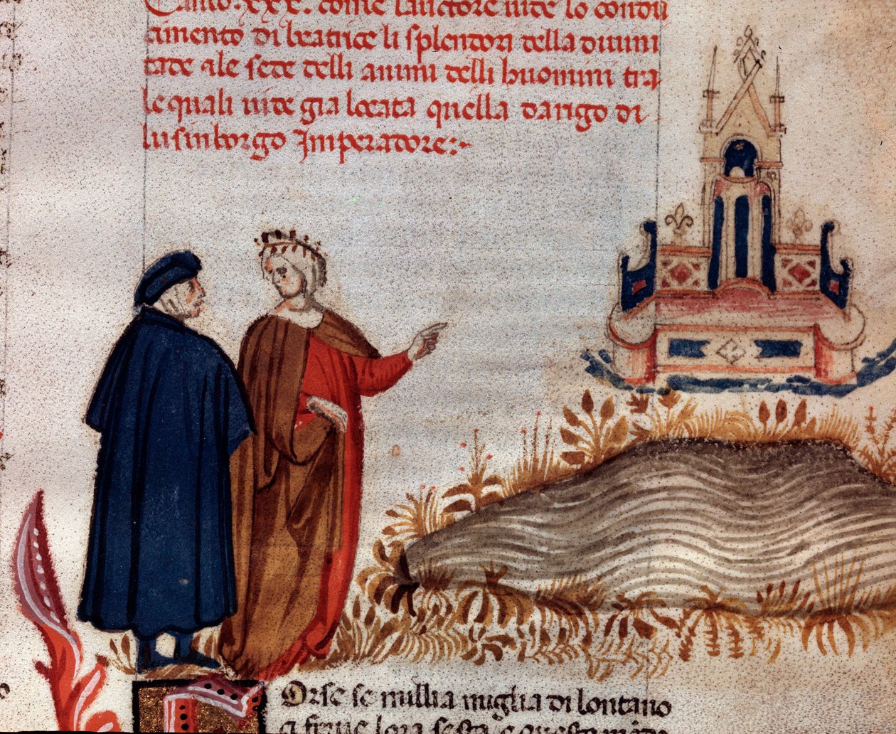 Portræt af den italienske digter Dante Alighieri med Virgil ser på Henrik VII