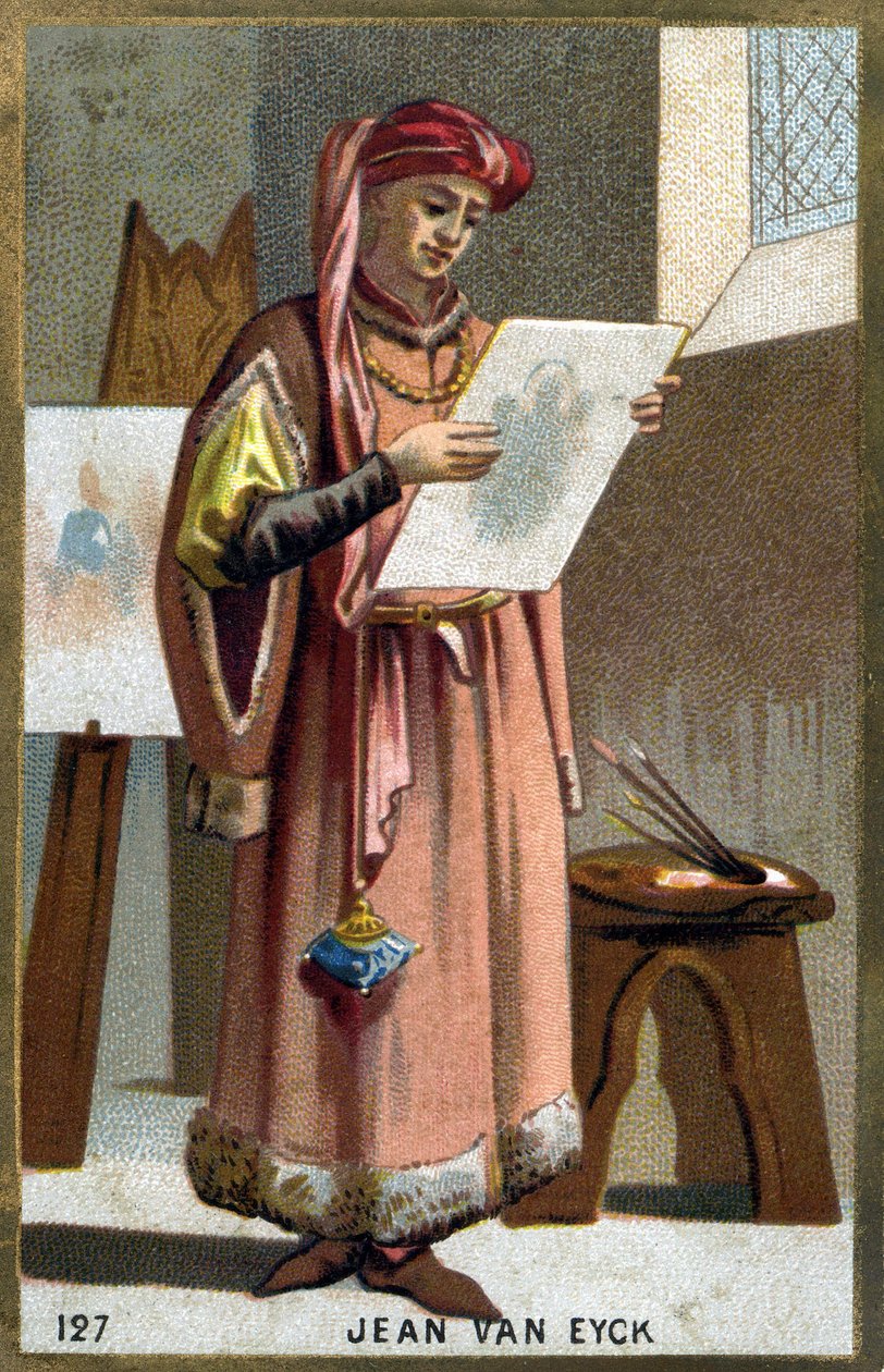 Portræt af Jan Van Eyck (1390 -1441) flamsk maler - hovedbeklædning af en liripipion. Kromolitografi af det 19. århundrede. af Unknown artist