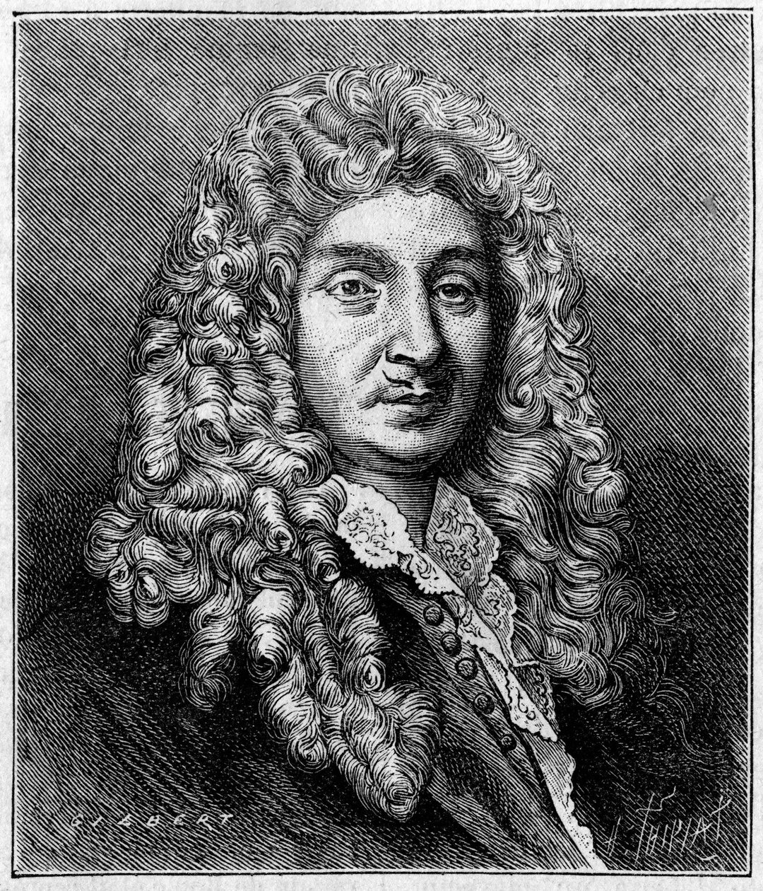 Portræt af Jean Baptiste Lully (Giovanni Battista Lulli) (1632-1687), fransk komponist af italiensk oprindelse. Fra en periodegravering. Gravering i "" Nature: gennemgang af videnskaberne og deres anvendelser til kunst og industri "" af 7. maj 1887. af Unknown artist
