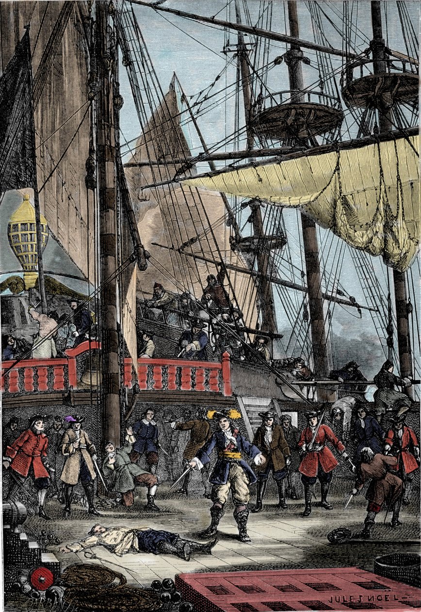 Portræt af Jean Bart (1650 - 1702), fransk kaper dræber den hollandske kaptajn på Neptun med sin hånd. af Unknown artist
