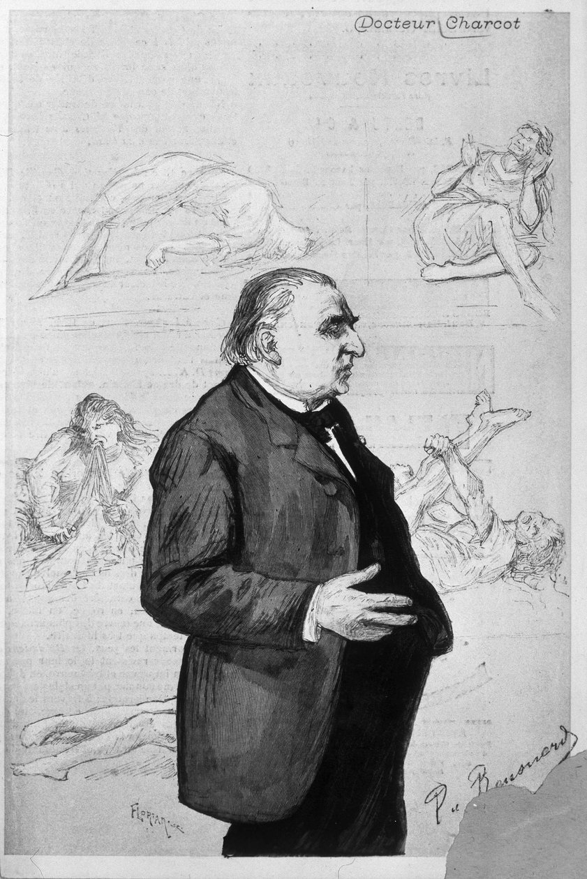 Portræt af Jean Martin Charcot (1825 - 1893) med tegninger, der forestiller patienter, der lider af hysteri af Unknown artist