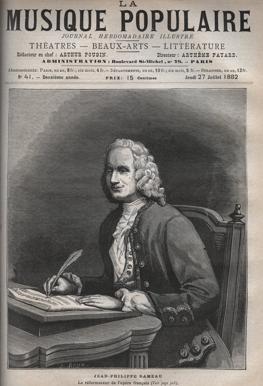 Portræt af Jean Philippe Rameau (1683-1764) - Portræt af Jean-Philippe (Jean Philippe) Rameau (1683-1764), fransk komponist - gravering i "La musique populaire""" berømte ugeavis - 1882 af Unknown artist