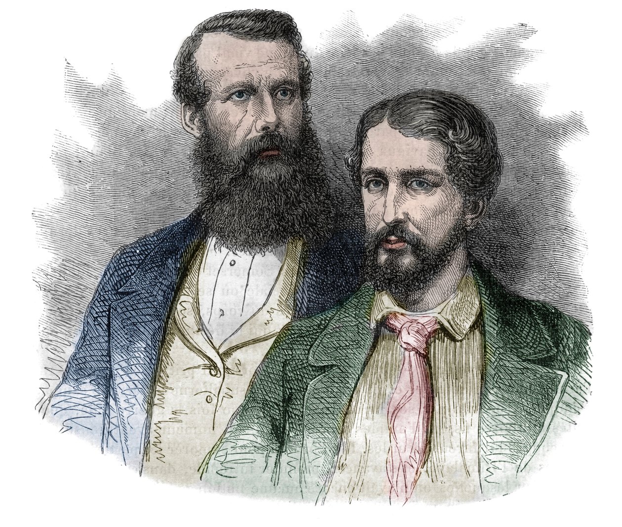 Portræt af John Hanning Speke, britisk opdagelsesrejsende, og James Augustus Grant, britisk soldat og opdagelsesrejsende. Sammen udforskede de kilderne til Nilen - indgravering fra "" Den maleriske historie om store rejser i det nittende århundrede"". 1877 af Unknown artist