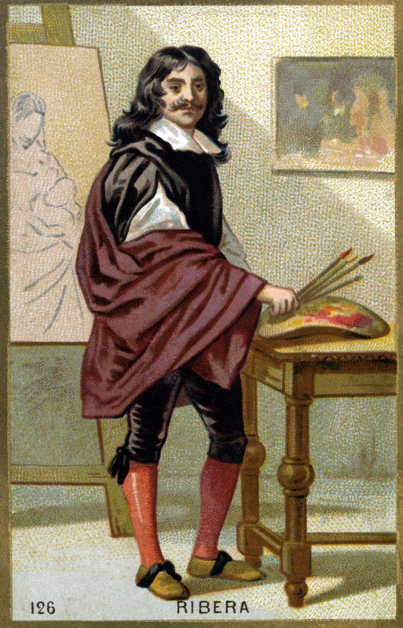 Portræt af Jose de Ribera dit il Spagnoletto "" den spanske"" (1591-1652), spansk maler og gravør - Kromolitografi fra det 19. århundrede af Unknown artist