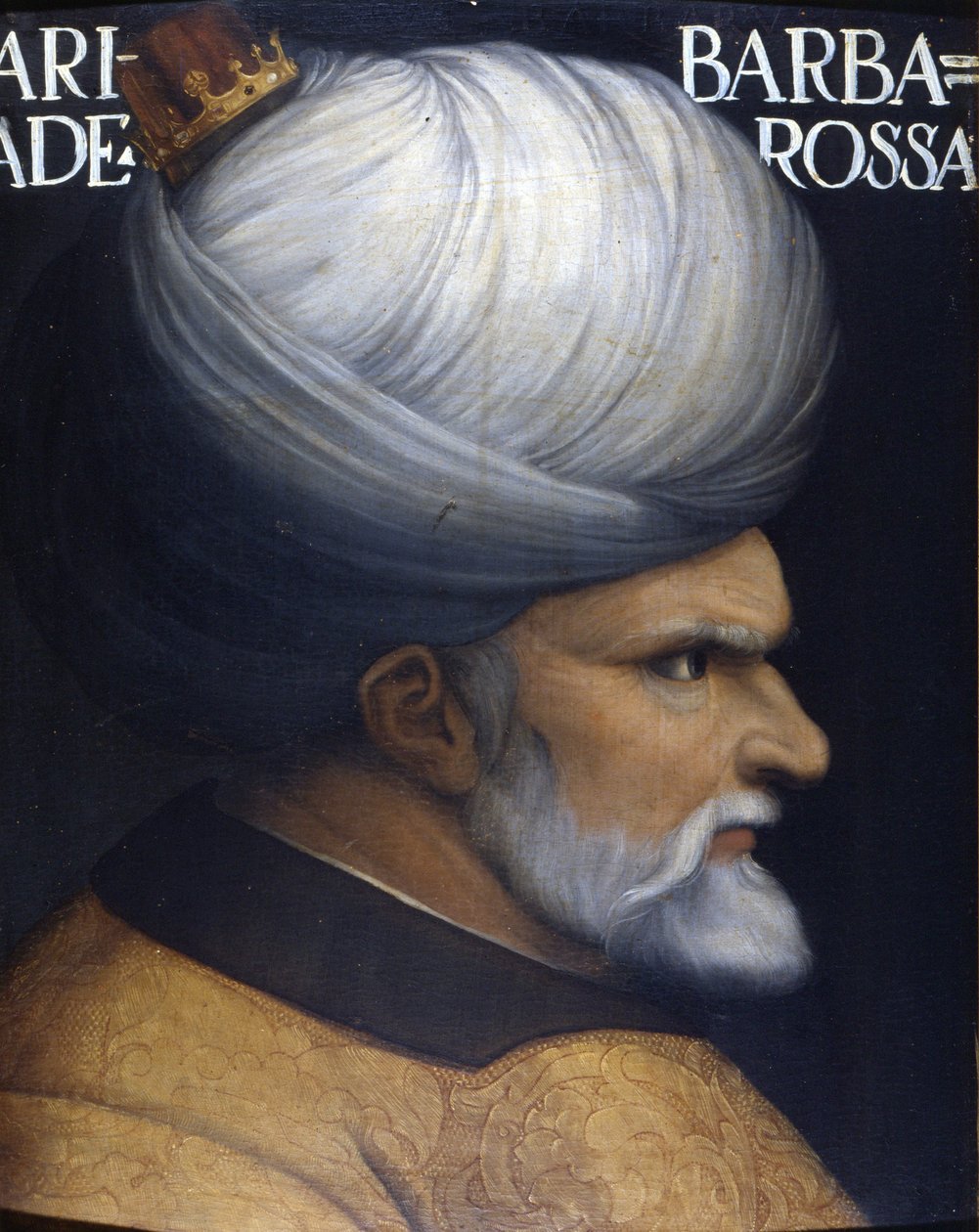 Portræt af Khayr Al-Din Barberousse (1476 -1546), grundlægger med sin bror af Regency of Algier, han var vasal for den osmanniske sultan og Frankrigs allierede mod Karl V. maleri fra det 16. århundrede. Uffizi-museet, Firenze. af Unknown artist