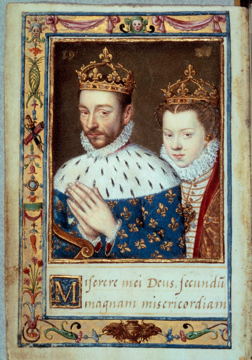 Portræt af kong Charles IX (1550-1574) og Elizabeth af Østrig (1554-1592) Dronning af Frankrig Manuskriptside af "Timebog af Catherine de Medicis" (Caterina de Medici) 1500-tallets Paris, B.N. af Unknown artist