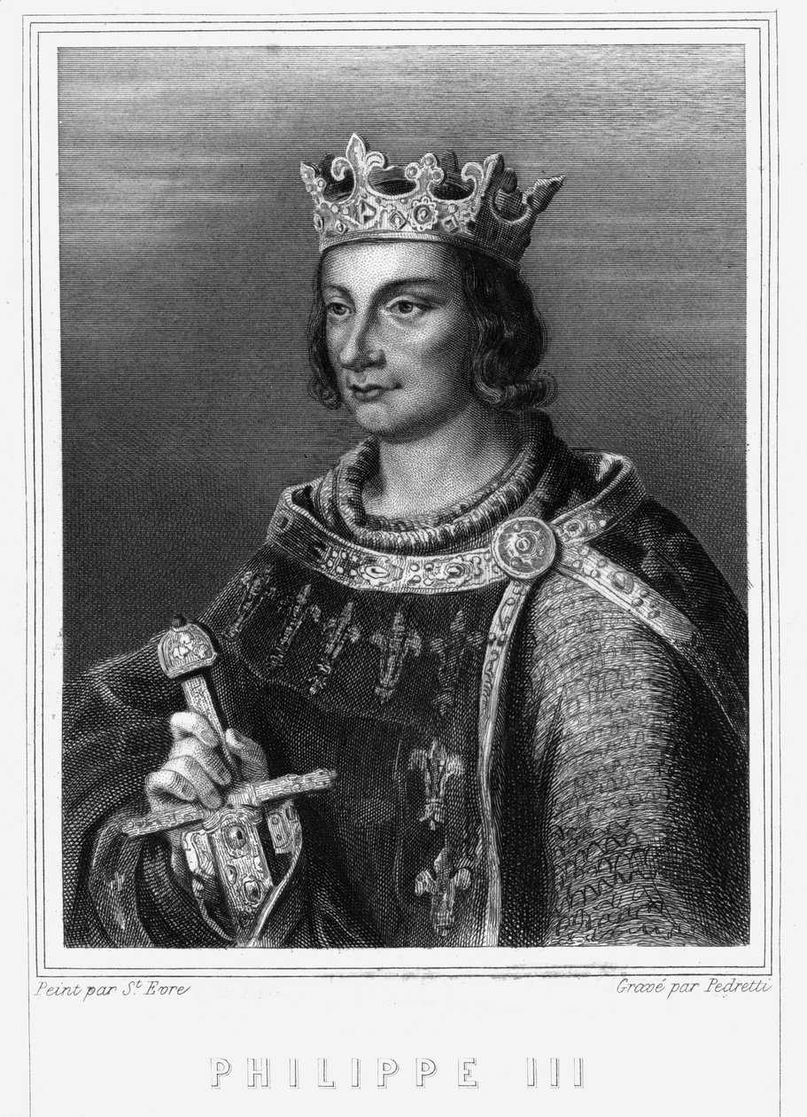 Portræt af kong Filip III af Frankrig (1245-1285) (Capetian Dynasti). Filip III, konge af Frankrig. Filip III den Dristige (1245-1285) - i "" Franskmændenes historie"" af Lavallée, gravering, sd. af Unknown artist