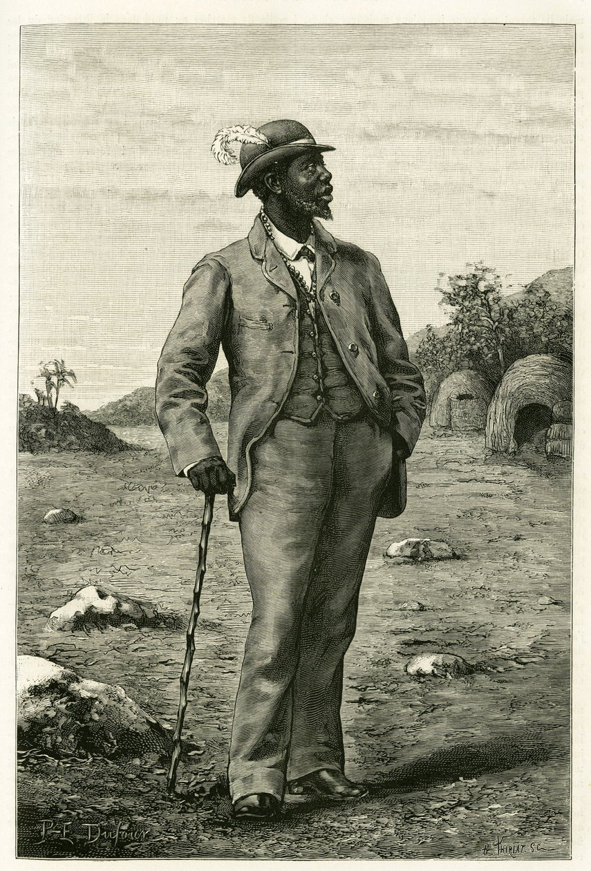 Portræt af kong Sepopo af Zambeze (nuværende Sydafrika), klædt i europæisk stil, gravering af P. Dufour, for at illustrere historien "Au pays des Marutses", i 1875-1879, af Dr. Emile Holub (1847- 1902). Udgivet i Tour du monde, 2. semester 1 af Unknown artist