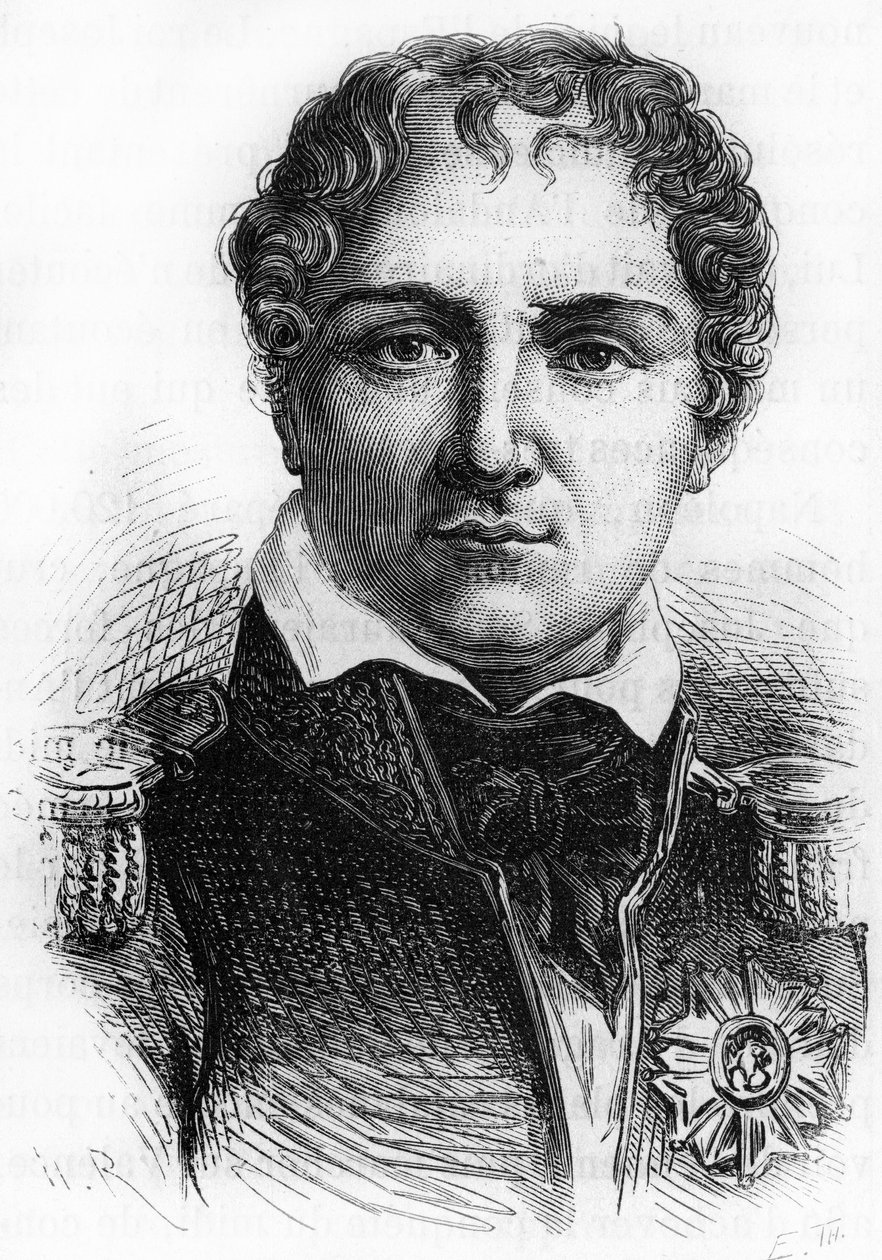 Portræt af Laurent Gouvion Saint Cyr (1764 - 1830). Indgravering af slutningen af det 19. århundrede i "Histoire de France"" af H. Martin. af Unknown artist