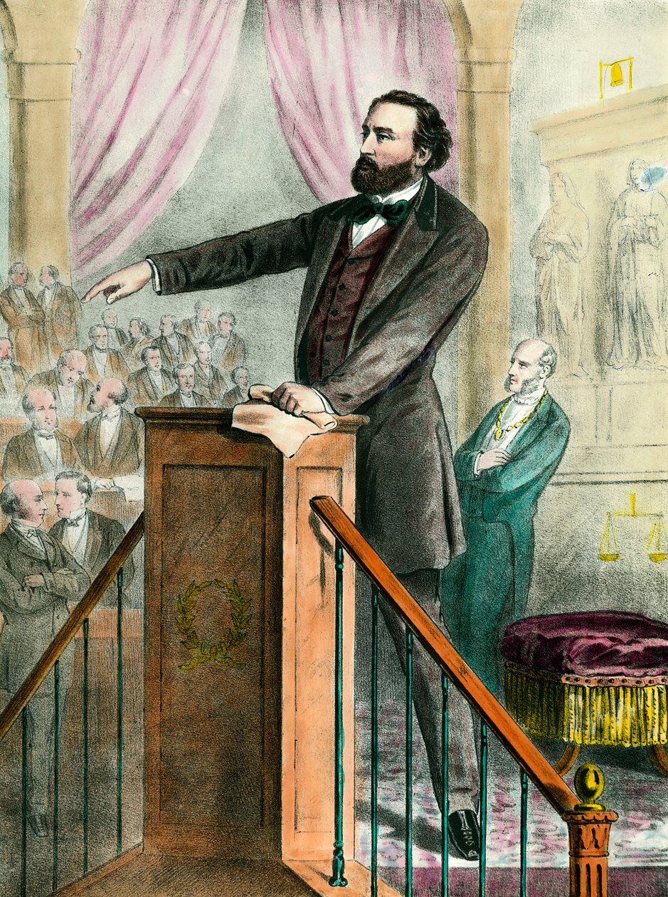 Portræt af Leon Gambetta (1838 - 1882) i galleriet. Indgravering af det 19. århundrede. Saml. Gå. af Unknown artist
