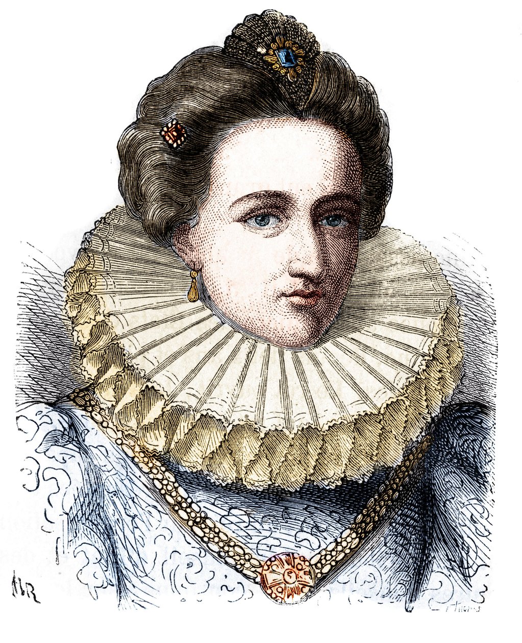 Portræt af Leonora Dori (eller Dosi) kaldet Galigai, marechale of Anchor (1568-1617). Hun bærer et jordbærkrave - i "" Histoire de France populaire"" af Henri Martin af Unknown artist