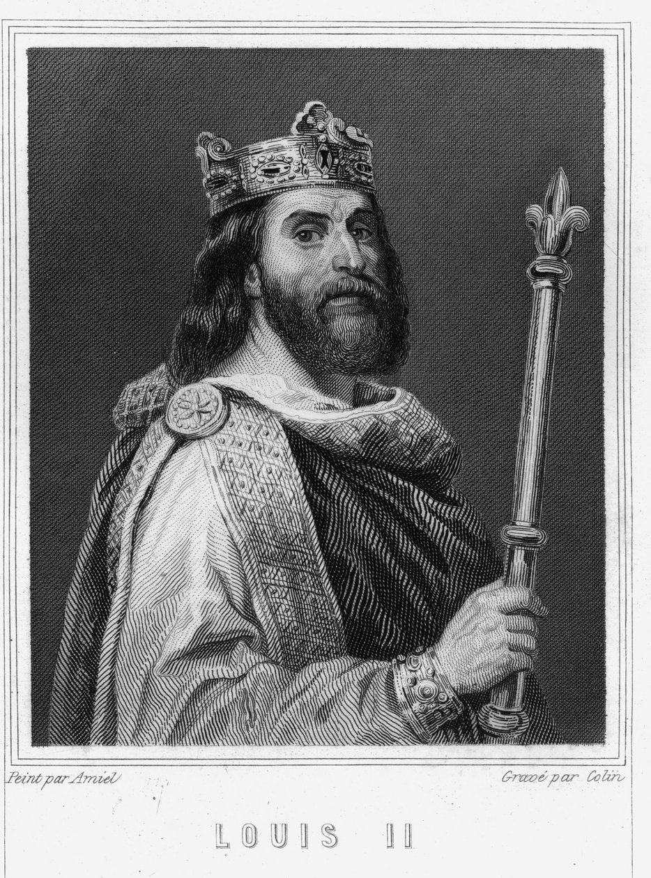 Portræt af Louis II Begue eller Fainéant (846 - 879), konge af Frankrig - i "Histoire des Français"" af Lavallée, stik, sd. af Unknown artist