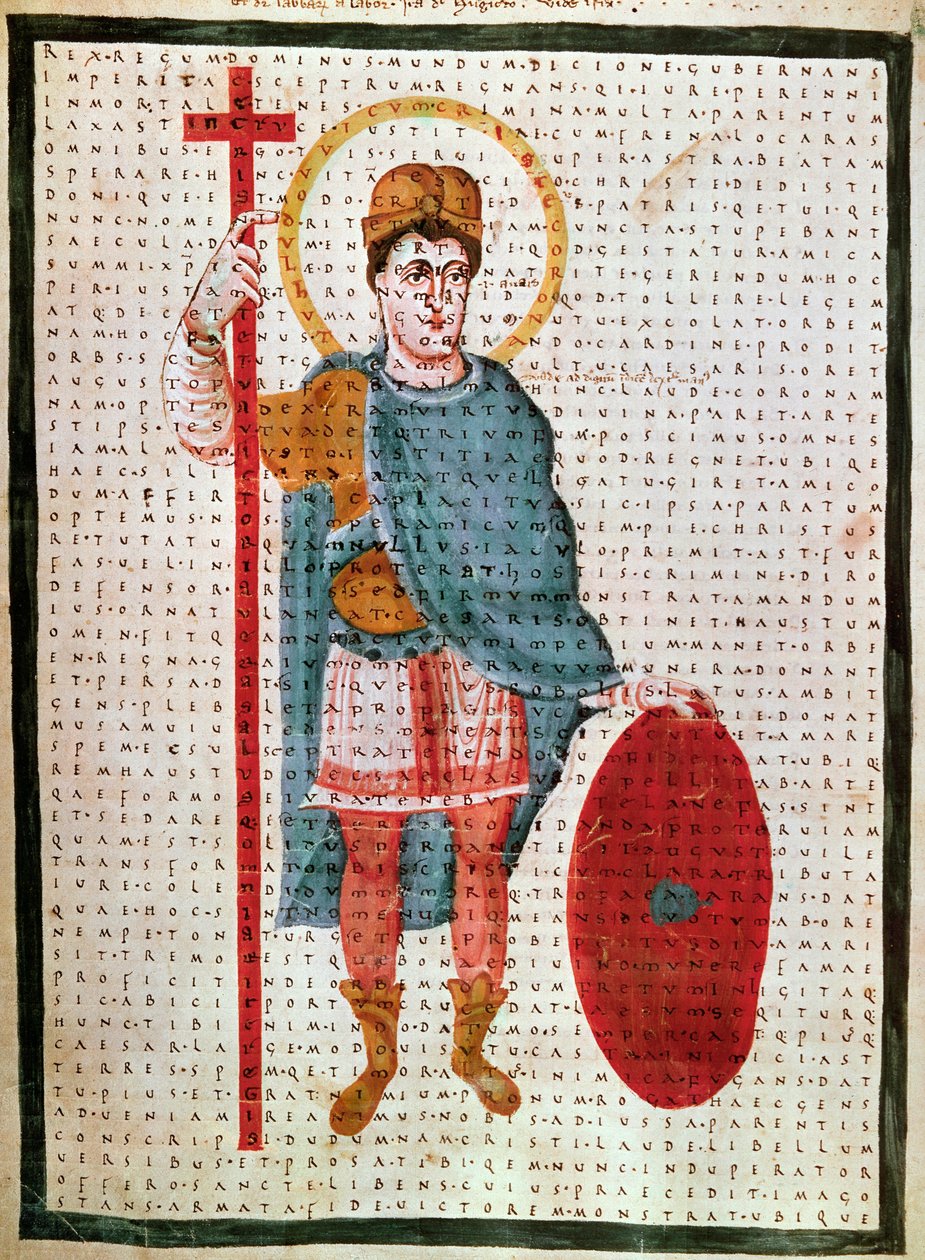 Portræt af Ludvig I den fromme eller Debonnaire”” (778-840), Konge af Frankrig”” miniature i “” De Laudibus Sancte Crucis”” (eller Codex Vindobonensis) af Rabanus Maurus Magnentius ca. 780-856), 830 ca. Wien, Osterreichisch af Unknown artist