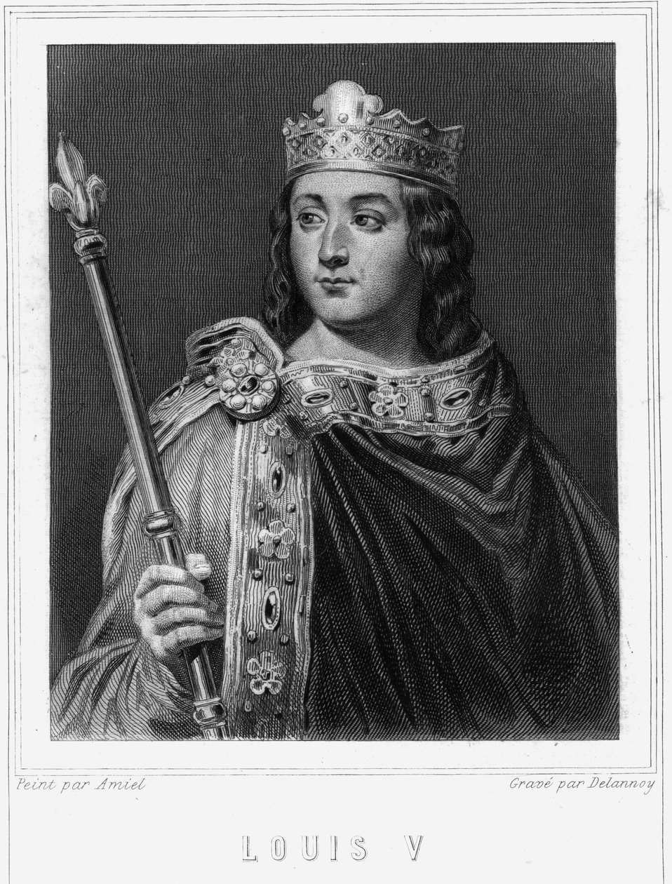 Portræt af Louis V le Fainéant (967 - 987), konge af Frankrig - i "Histoire des Français"" af Lavallée, gravering, sd. af Unknown artist