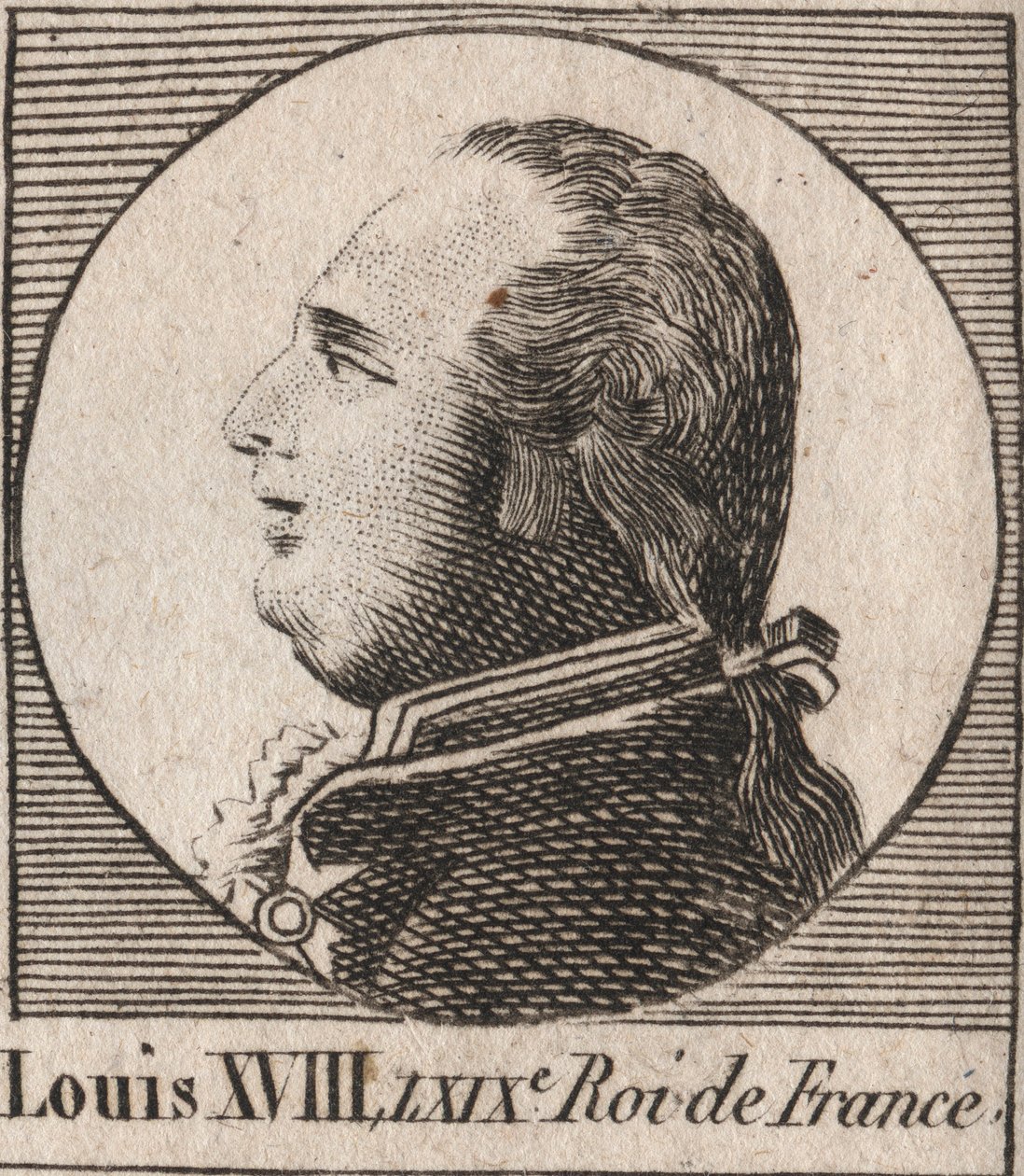 Portræt af Ludvig XVIII (1755-1824), med tilnavnet Ønsket, kongen af Frankrig og Navarra fra 1814 til 1815 og fra 1815 til 1824 - Ludvig XVIII, kendt som den Ønskede, konge af Frankrig - indgravering fra "Instruction sur l