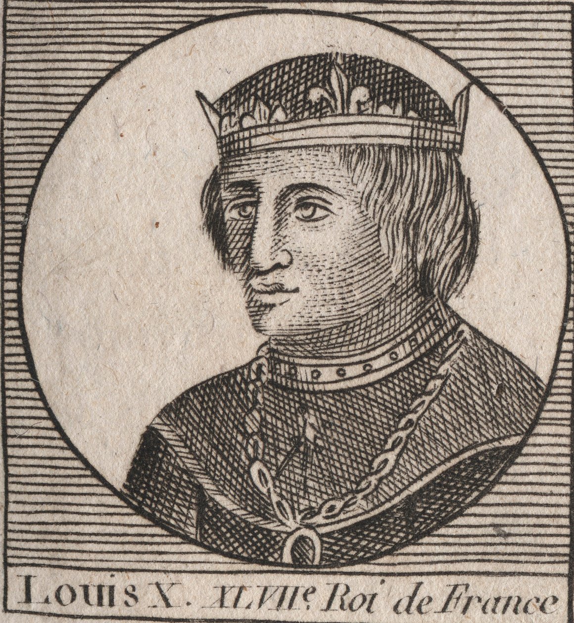 Portræt af Louis X le Hutin (1289 - 1316), konge af Frankrig - Ludvig X (1289-1316) den stædige, konge af Frankrig og Navarra - gravering fra "" Instruction sur l