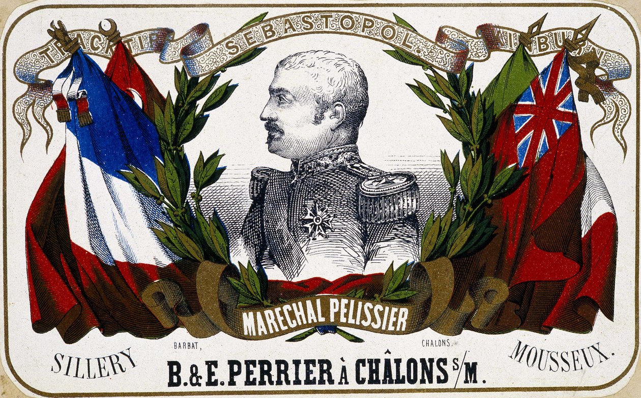 Portræt af Maréchal Pelissier på champagneetiket ""B. & E. Perrier à Chalôns sur Marne"", sd. 19. århundrede. af Unknown artist