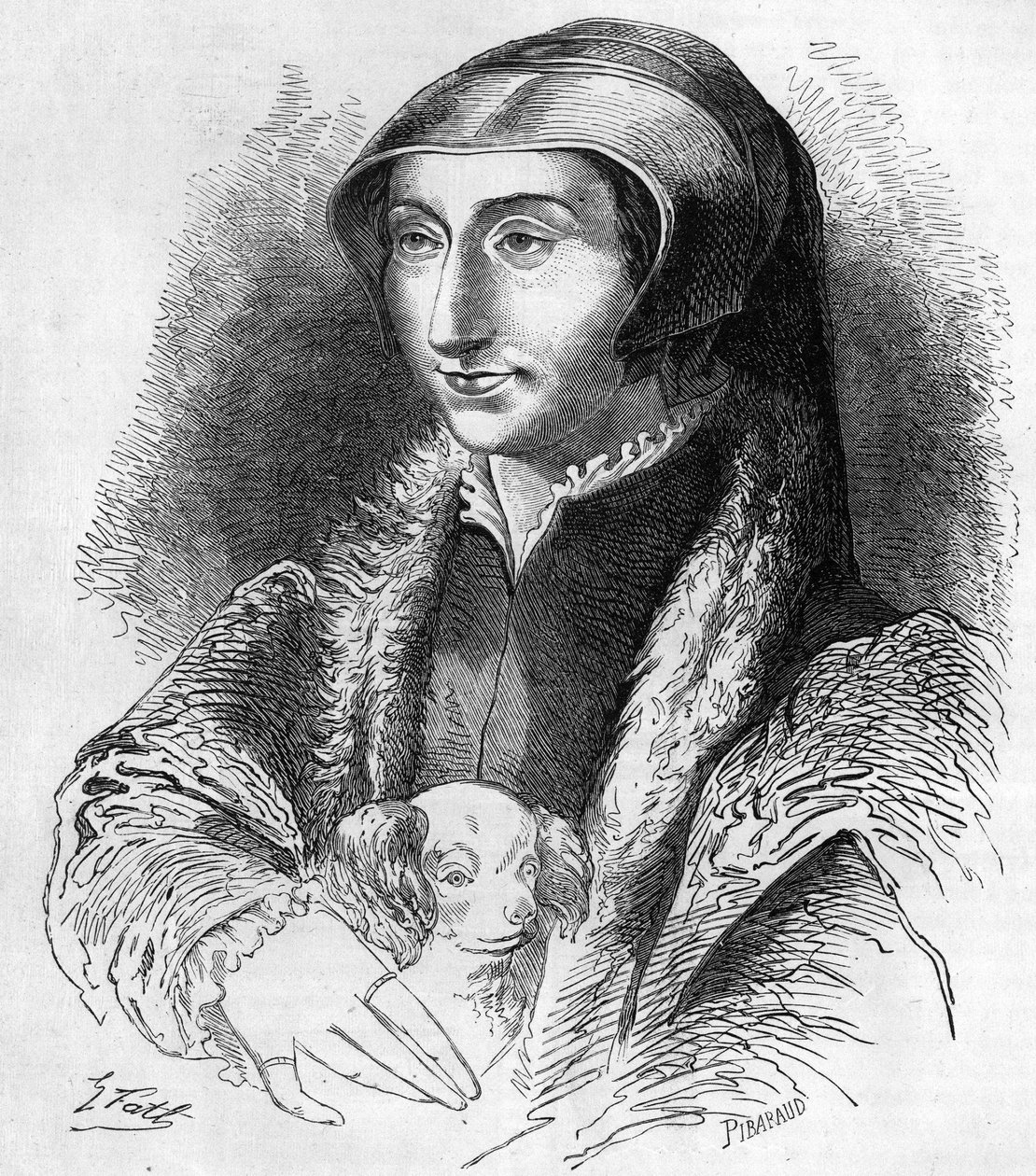 Portræt af Margaret af Navarra (Marguerite af Valois, Marguerite af Angouleme eller Marguerite af Frankrig (1492-1549) Dronning af Navarra og digterinde, søster til Francois 1. (1553-1615). Gravering af det 19. århundrede. af Unknown artist