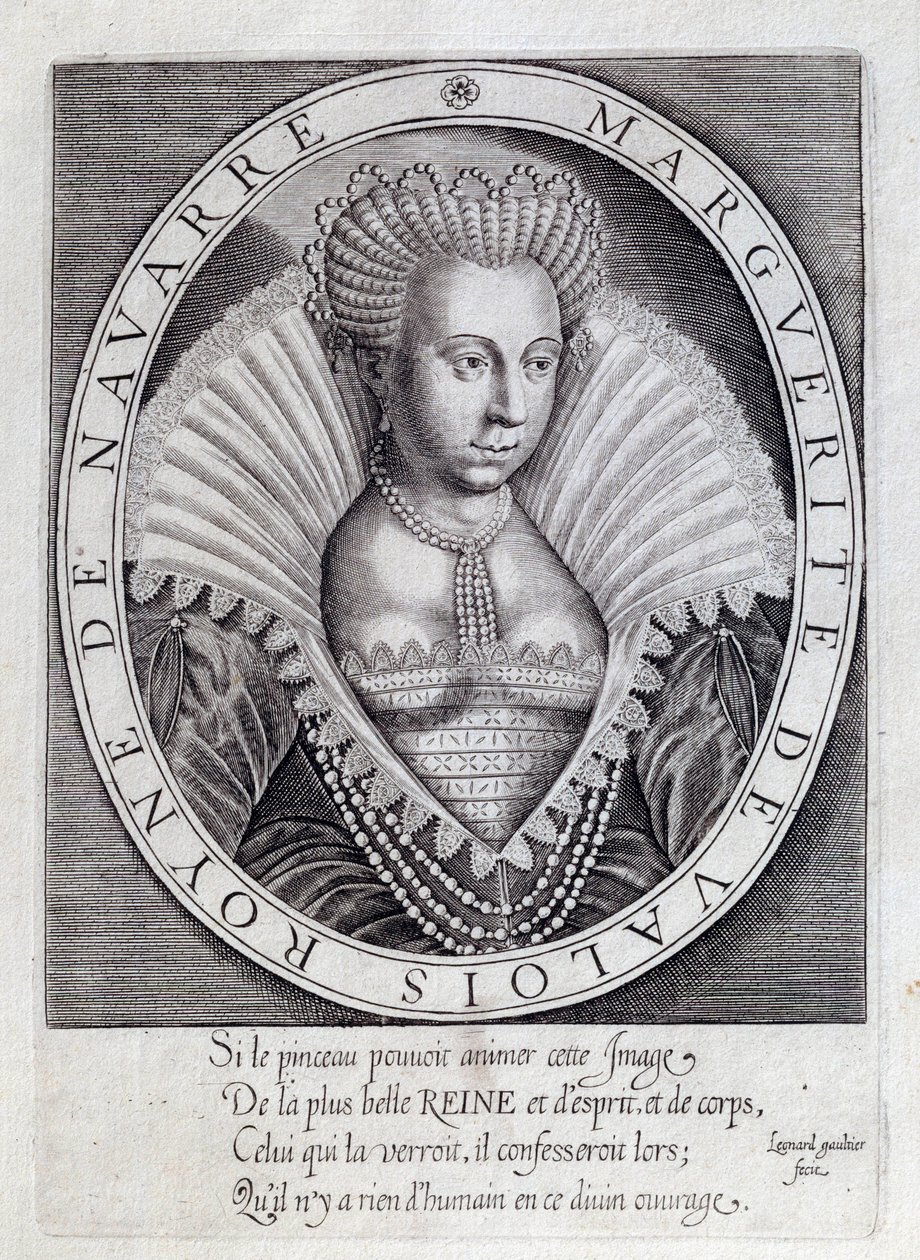 Portræt af Marguerite de Valois (1553 - 1615) kendt som dronning Margot. Stik af det 16. århundrede. Pau, Musee Du Chateau af Unknown artist