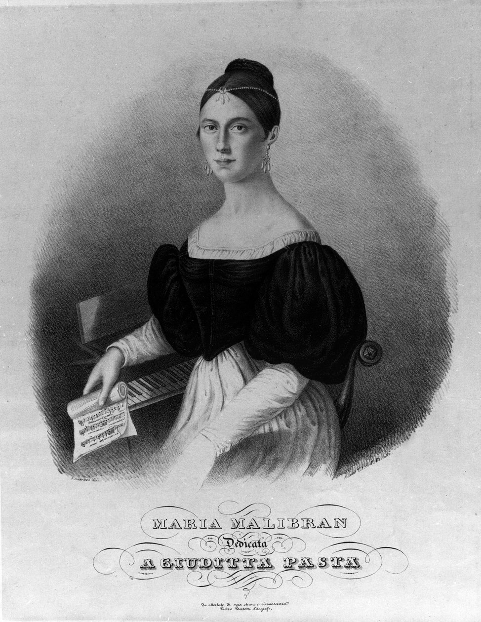 Portræt af Maria Garcia kaldet Malibran (1808-1836) sangerinde, gravering dedikeret til Giuditta pasta. af Unknown artist