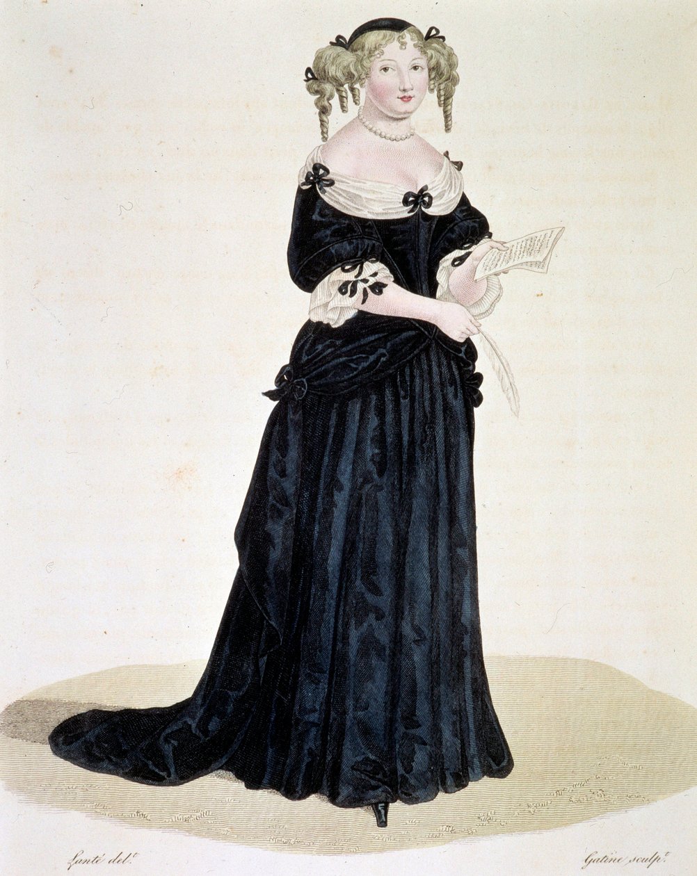 Portræt af Marie de Rabutin-Chantal (Rabutin Chantal), Marquise de Sevigne dit Madame de Sevigne (1626-1696), kvinde med bogstaver. Gravering Privat Samling af Unknown artist